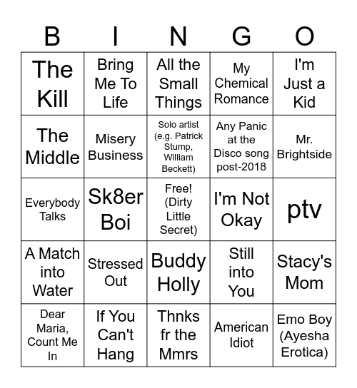 Emo Night at Dirty Little Secret Bingo Card