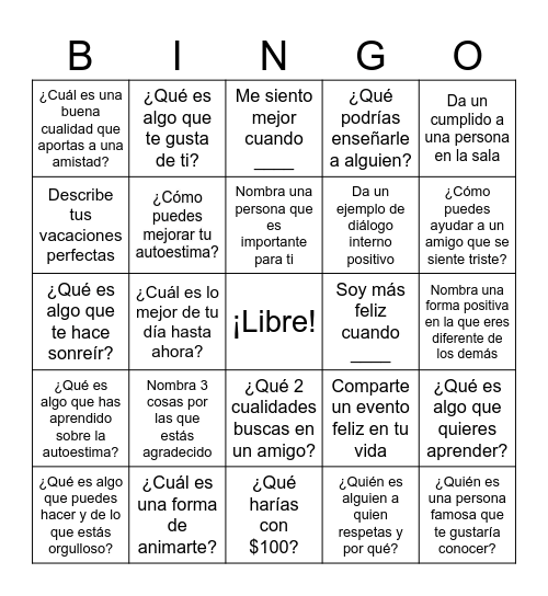 Self Esteem Bingo Card