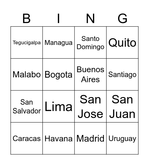 Paises y Capitals Bingo Card