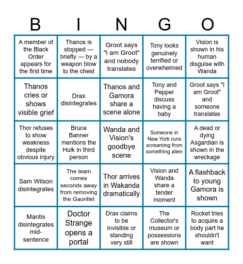 Infinity War BINGO Card