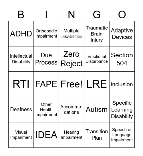 The Exceptional Child Bingo Card