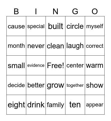 BINGO SIGHT WORDS Bingo Card