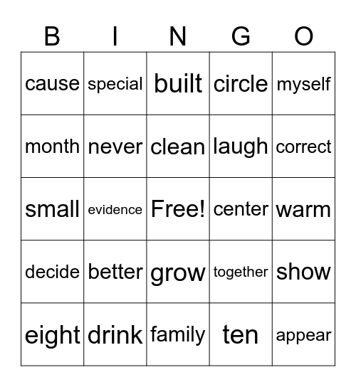 BINGO SIGHT WORDS Bingo Card