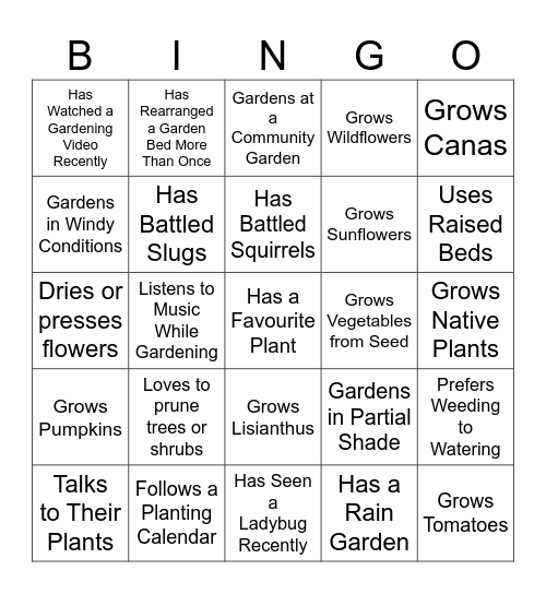 Garden Party Bingo Card