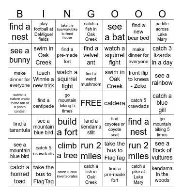Kids Summer Adventures Bingo Card
