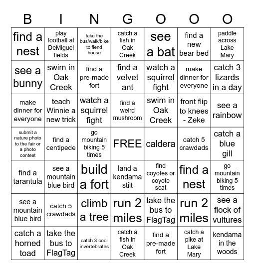 Kids Summer Adventures Bingo Card