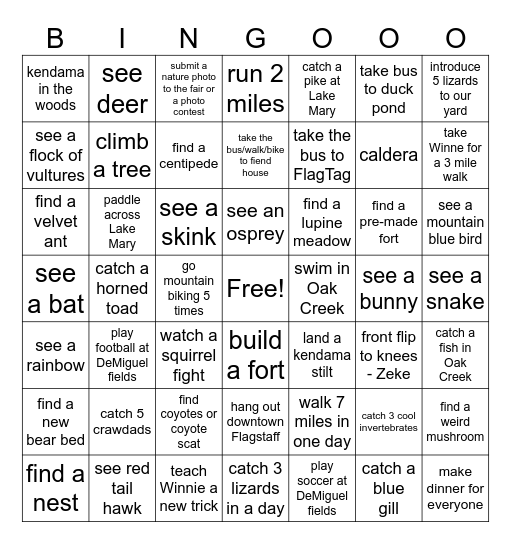 Kids' Summer Adventures Bingo Card