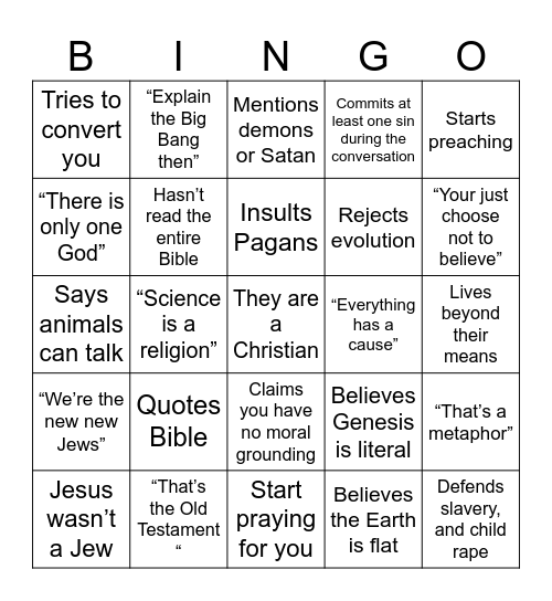 Christian Larper Bingo Card
