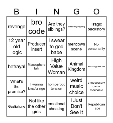 Reality TV Bingo Card