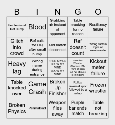 WWE 2K Online BINGO Card