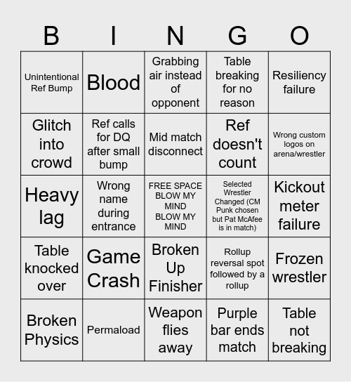 WWE 2K Online BINGO Card