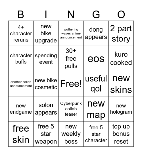 WuWa 3.3 Livestream Bingo Card