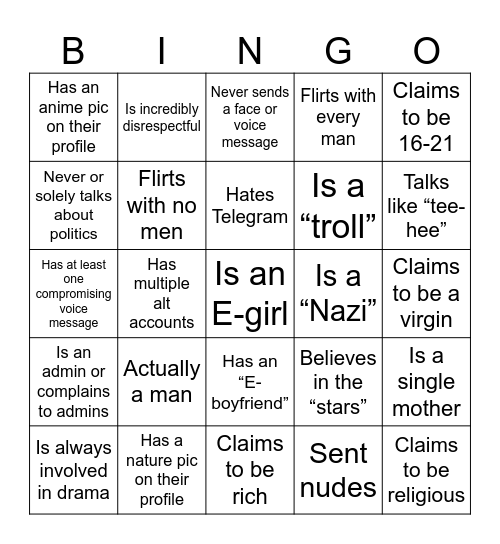 Telegram E-girl Bingo Card