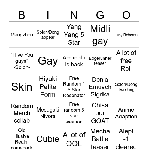 Wuwa 2nd Birthday Bingo Card