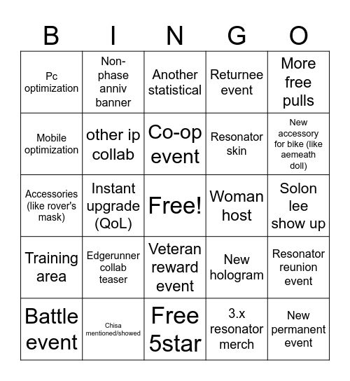 Wuwa 3.3 livestream Bingo Card