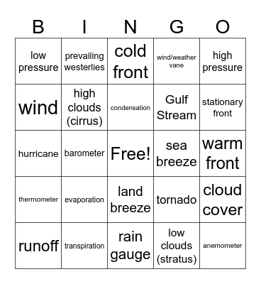 Weather Vocabulary Bingo Card