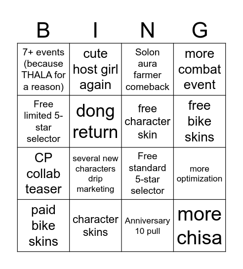 Wuwa 3.3 Anniversary livestream Bingo Card