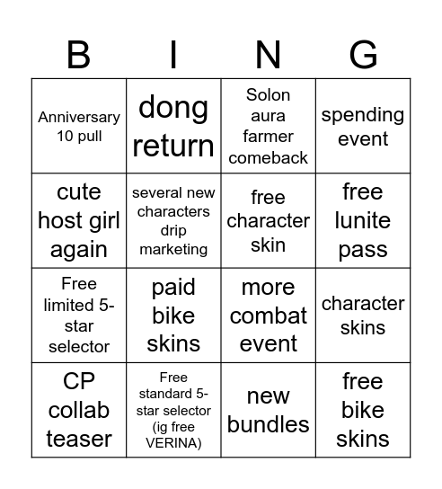 Wuwa 3.3 Anniversary livestream Bingo Card