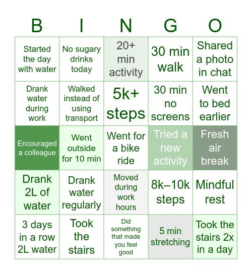 Healthy Habits Bingo Card