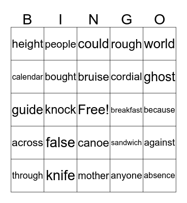 Red Word BIngo Card