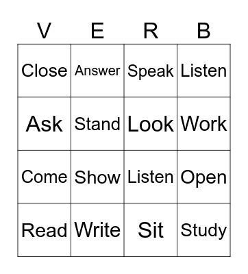 English Words Bingo Card