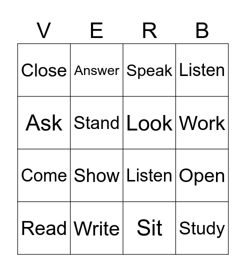 English Words Bingo Card