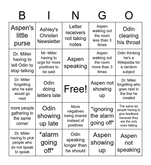 ficition writing bingo Card