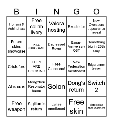 Wuwa 3.3 Livestream Bingo Card