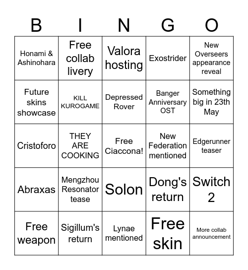 Wuwa 3.3 Livestream Bingo Card