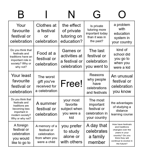 U7&8 Speaking Review Bingo Card