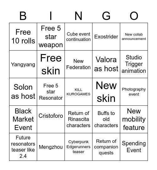 Anniversary Livestream Bingo Card