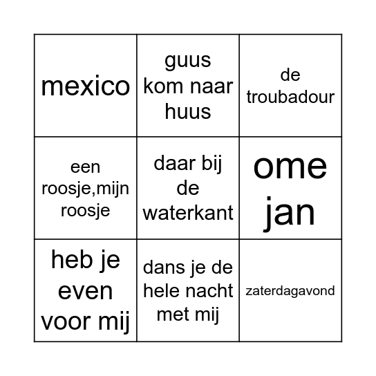 Muziek Bingo Card