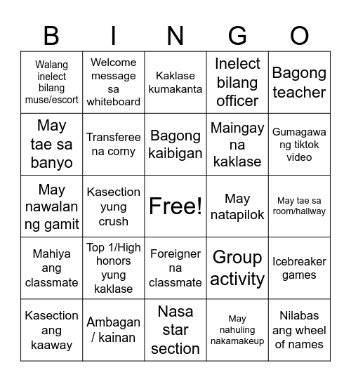 First Day of School Bingo Card