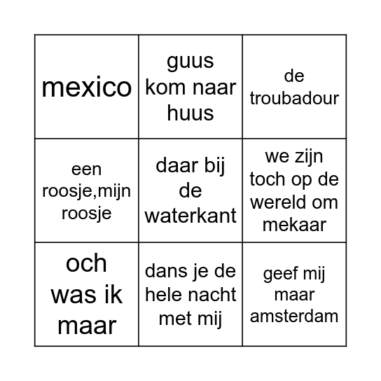 Muziek Bingo Card