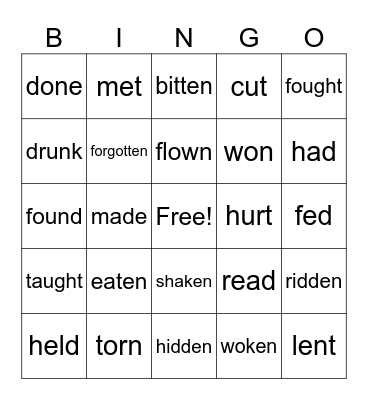 Irregular Verbs Bingo Card