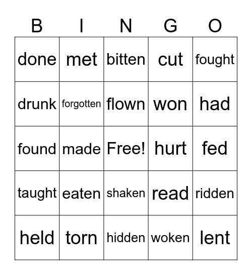 Irregular Verbs Bingo Card