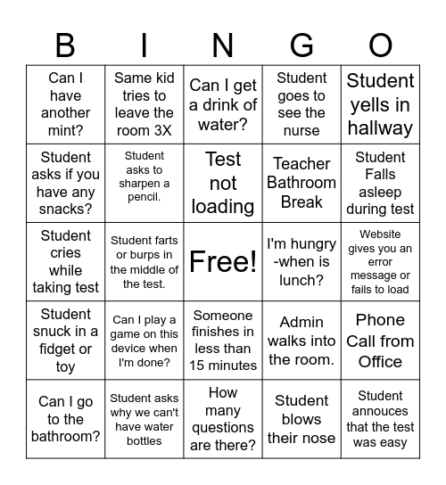 State Testing BINGO Card