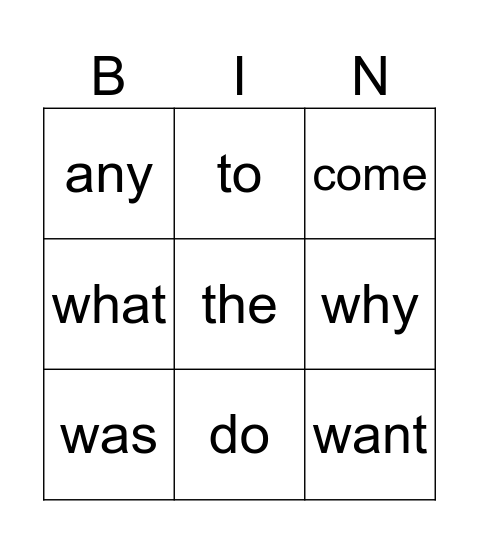 Tricky Words Bingo Card