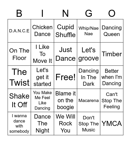 Dance Hits Bingo Card