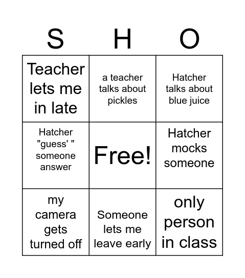School Bingo Card