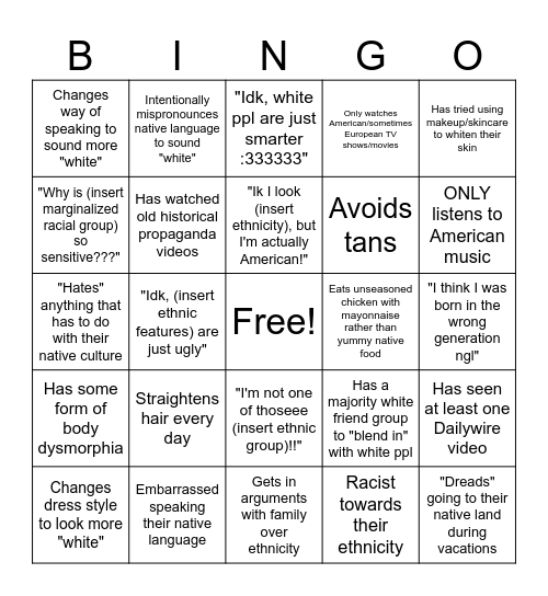 Internalized Racism Bingo Card