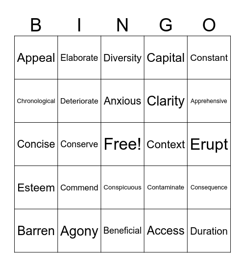 Vocab Bingo Card