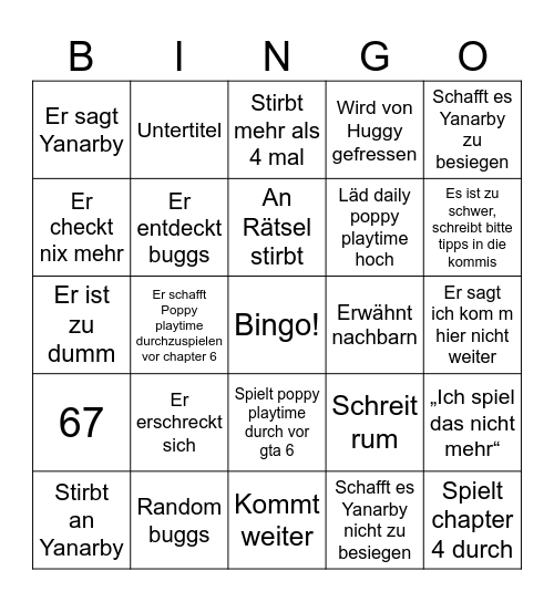 Mohi Poppy playtime Bingo Card