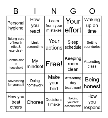 Responsibility Bingo Card