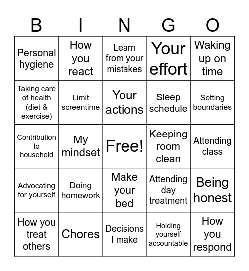 Responsibility Bingo Card