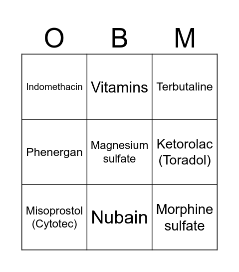 OB MEDS Bingo Card