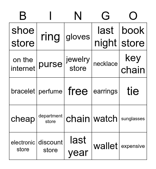 Store & Gifts Bingo Card