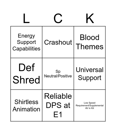 Lock's Blade :3 Bingo Card