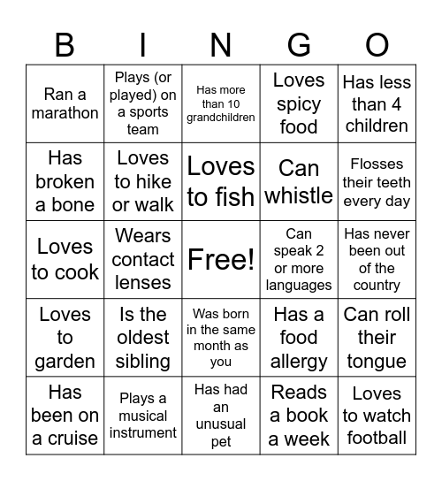 Challenge Course Bingo Card