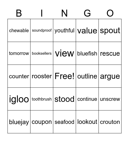 oo,ou,ew,ue Bingo Card